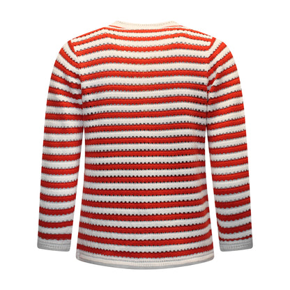 Achterzijde van Signature Vest Mareen met lange mouwen en streepdessin in het rood.