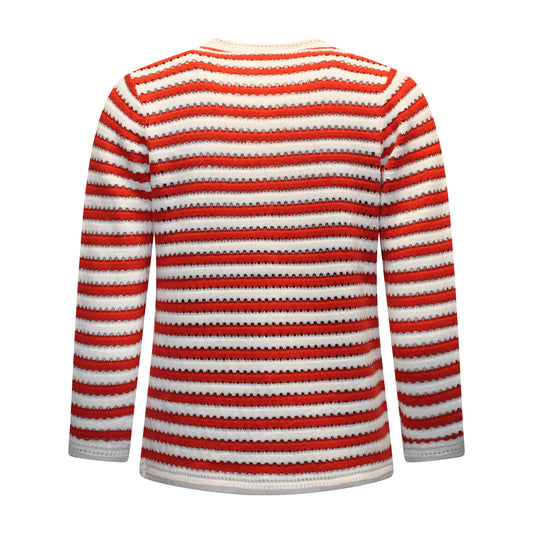 Achterzijde van Signature Vest Mareen met lange mouwen en streepdessin in het rood.