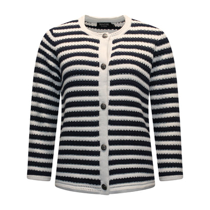 Voorzijde van Signature Vest Mareen met ronde hals, lange mouwen, knoopsluiting en streepdessin in het marine.