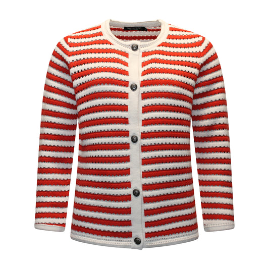 Voorzijde van Signature Vest Mareen met ronde hals, lange mouwen, knoopsluiting en streepdessin in rood.