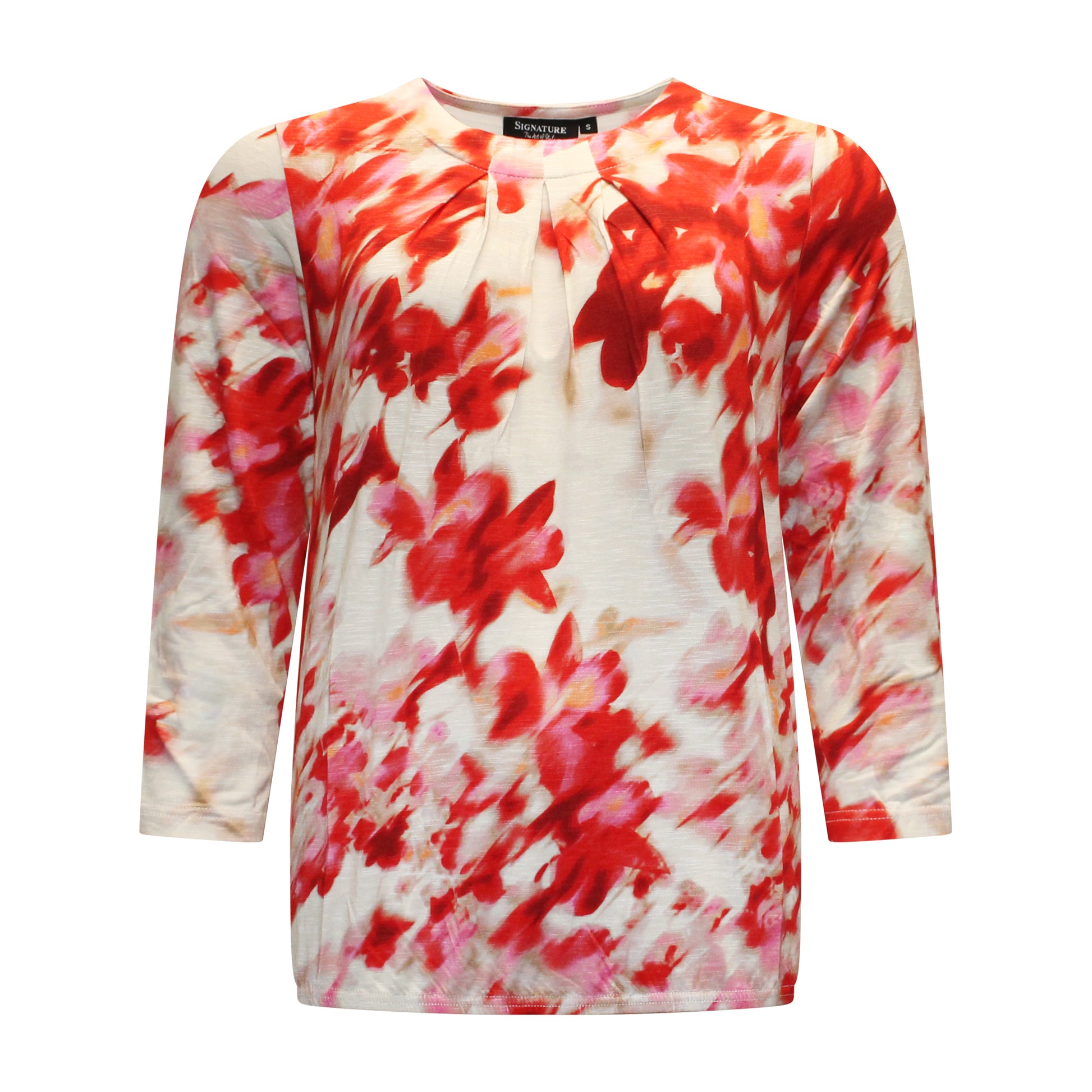 Voorzijde van Signature blouson Mariska met ronde hals, plooidetail, driekwart mouwen, elastische onderband en all-over rood design.