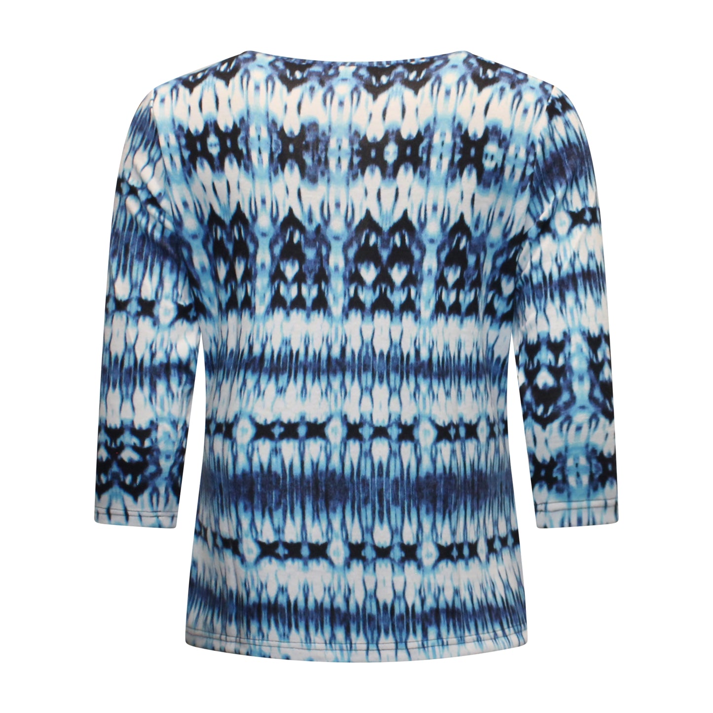 Achterzijde van Signature t-shirt Denise met driekwart mouwen en bloempatroon in blauw met wit.