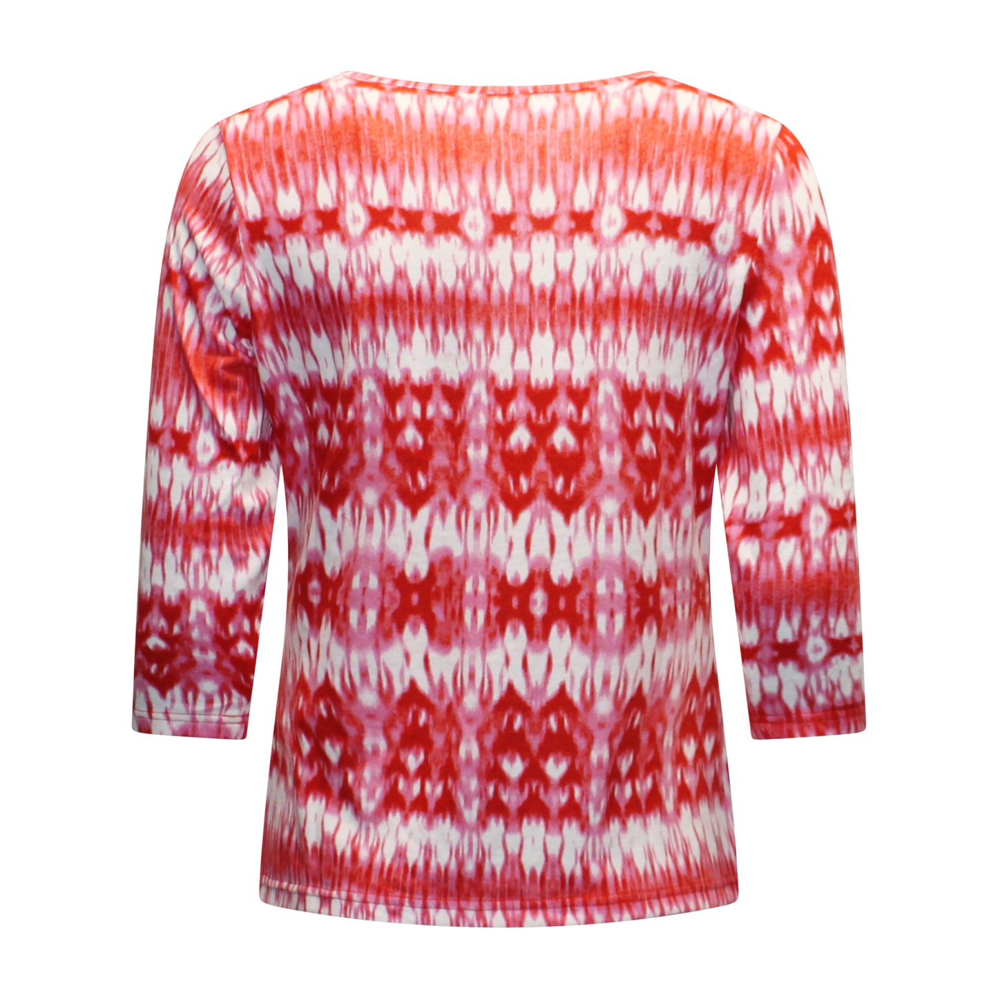 Achterzijde van Signature t-shirt Denise met driekwart mouwen en bloempatroon in rood met wit.