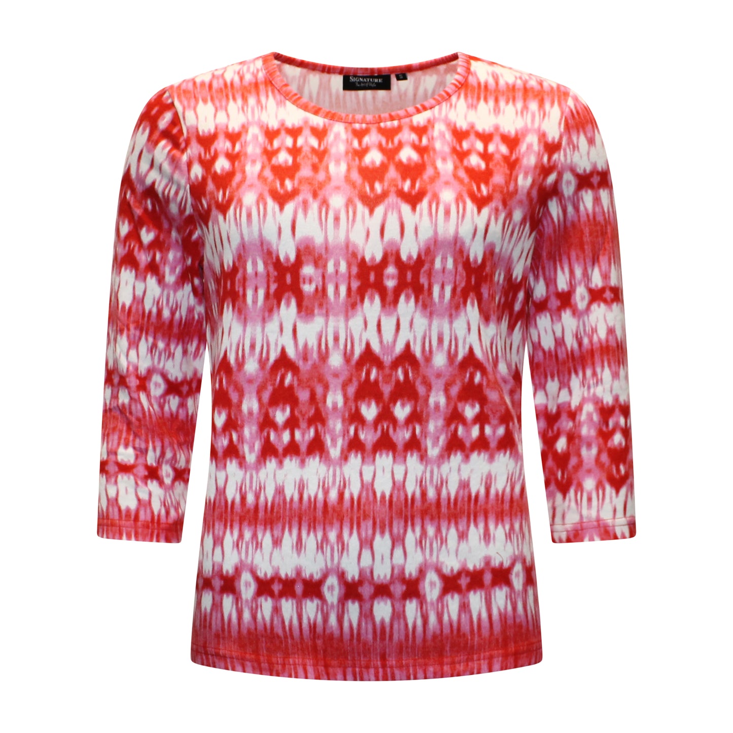 Voorzijde van Signature t-shirt Denise met ronde hals, driekwart mouwen en bloempatroon in rood met wit.