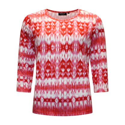 Voorzijde van Signature t-shirt Denise met ronde hals, driekwart mouwen en bloempatroon in rood met wit.