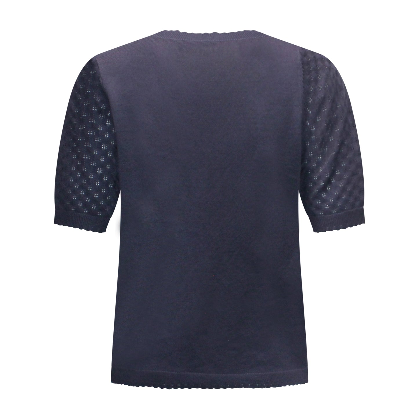 Achterzijde van Signature t-shirt Helga met korte mouwen en doorschijnend patroon in marine.