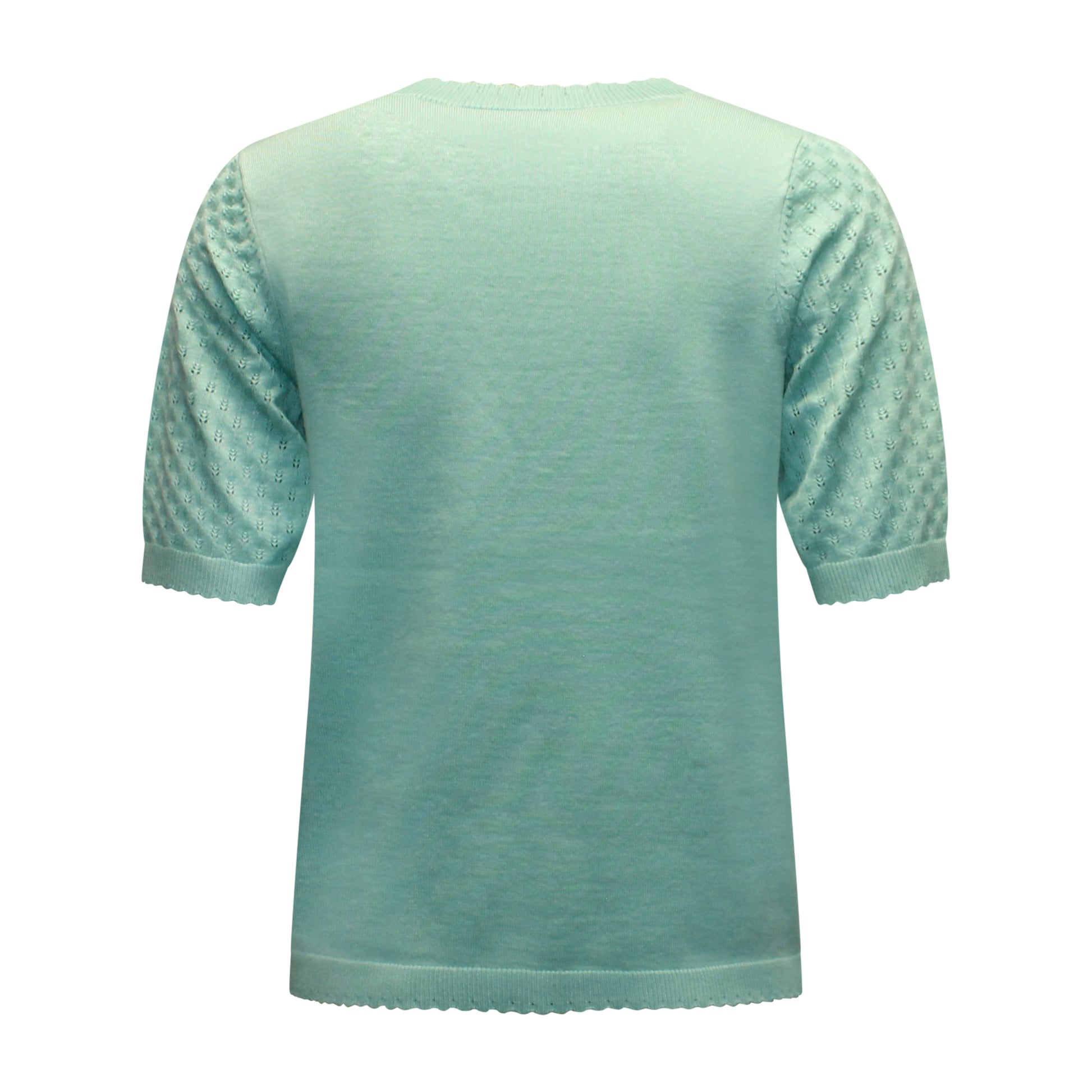 Achterzijde van Signature t-shirt Helga met korte mouwen en doorschijnend patroon in mintgroen.