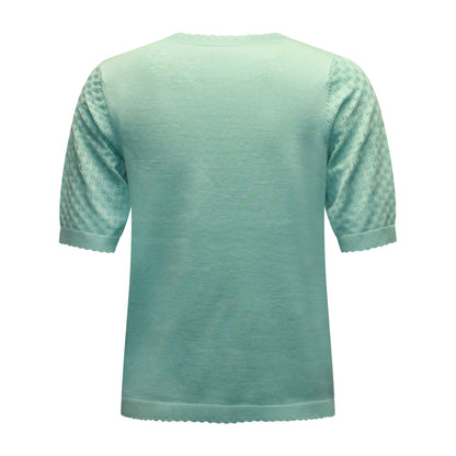 Achterzijde van Signature t-shirt Helga met korte mouwen en doorschijnend patroon in mintgroen.