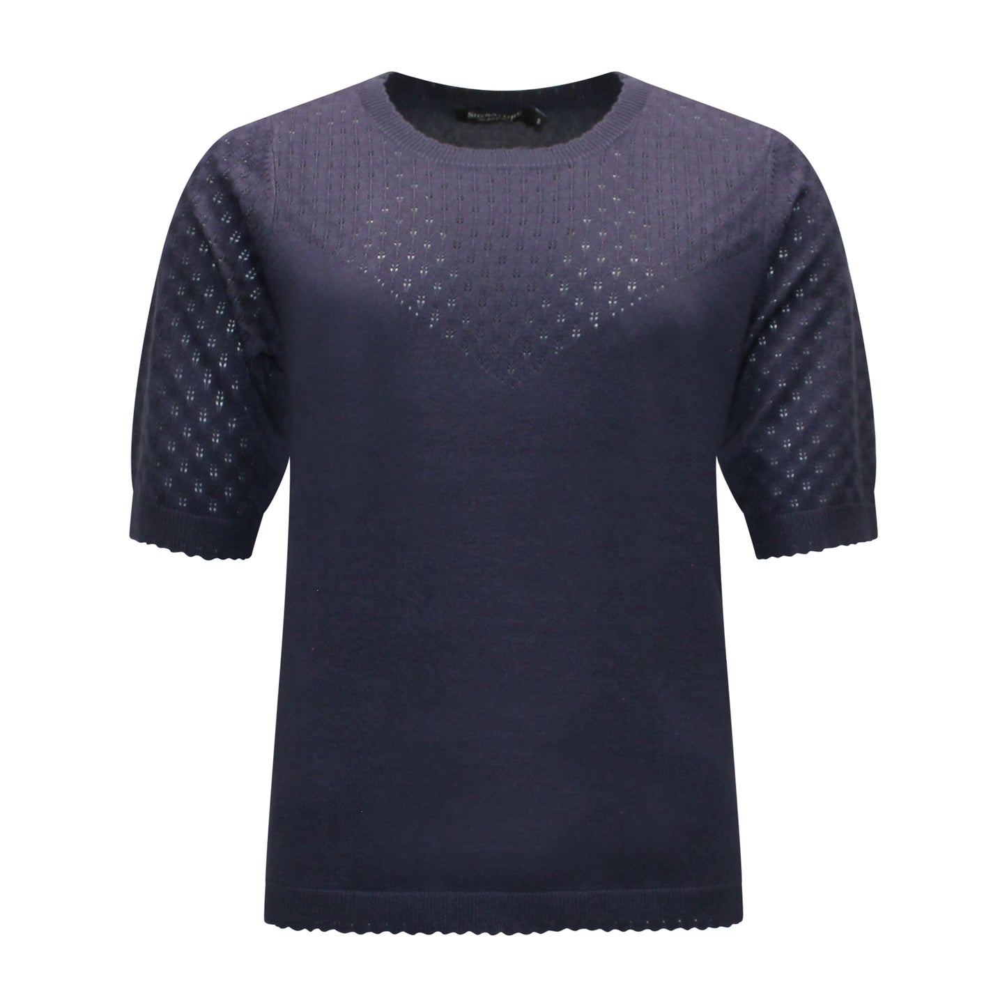 Voorzijde van Signature t-shirt Helga met ronde hals, korte mouwen en licht doorschijnend patroon in marine.