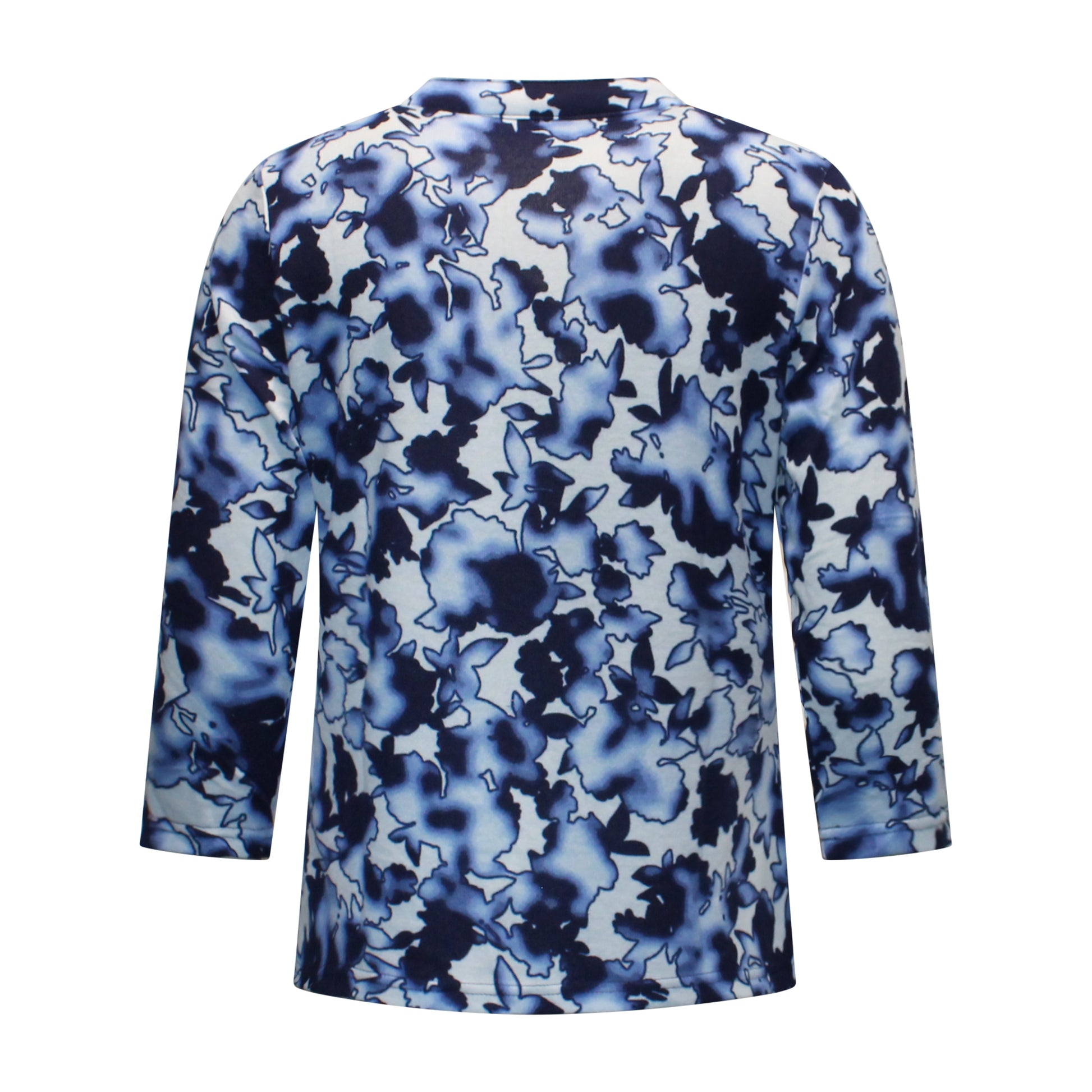 Achterzijde van Signature t-shirt Linda met driekwart mouwen, recht model en bladpatroon in blauw.