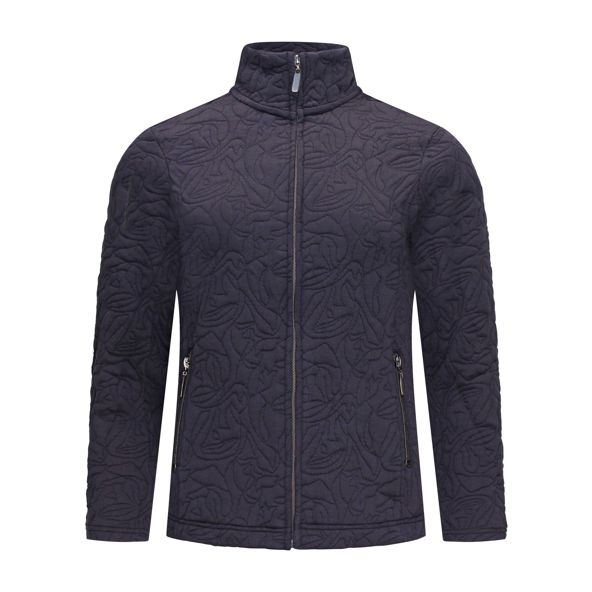 Voorzijde Signature vest Isa marineblauw met lange mouwen, ritszakken en hoge sluiting.