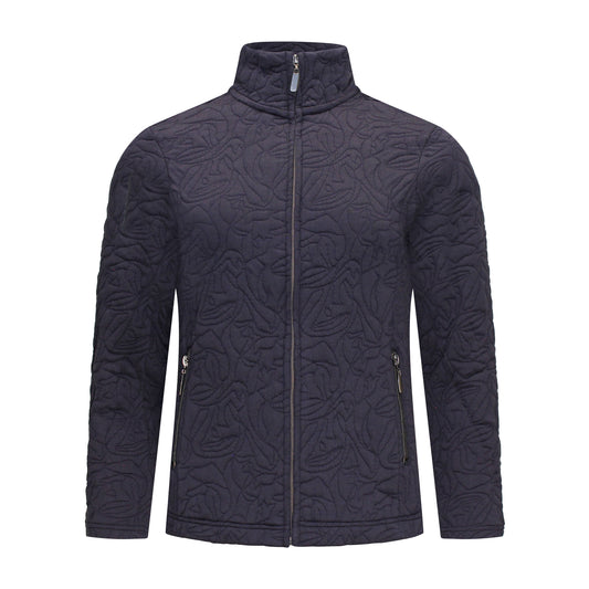 Voorzijde Signature vest Isa marineblauw met lange mouwen, ritszakken en hoge sluiting.