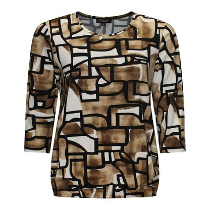 Voorzijde van de Sunday Blouson Aafke met bruine print en ronde hals, driekwart mouw.