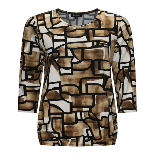 Voorzijde van de Sunday Blouson Aafke met bruine print en ronde hals, driekwart mouw.