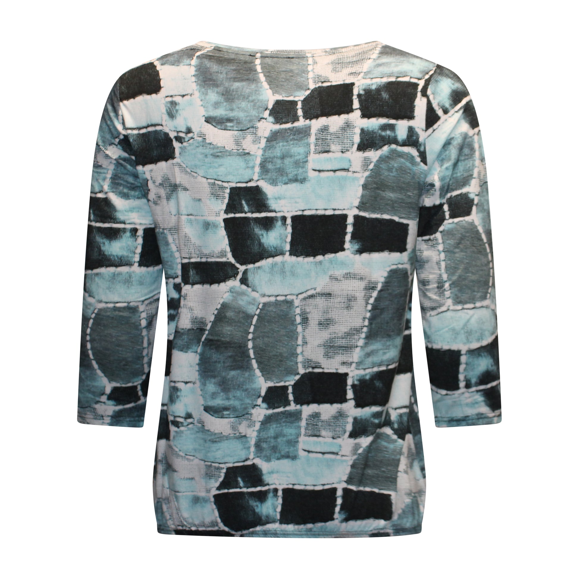 Achterzijde van Sunday blouson Bregje met elastische band onderaan, driekwart mouwen en groen-zwart dessin met crème tint.