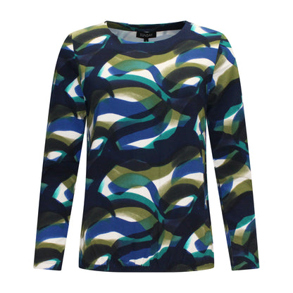 Voorzijde van Sunday Blouson Selina met ronde hals, lange mouwen en speels blauw-groen patroon.