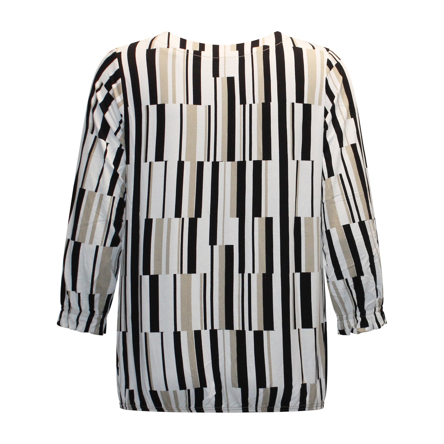 Achterzijde van Sunday T-shirt Judith met korte mouwen en grafische strepenprint in zwart en beige.
