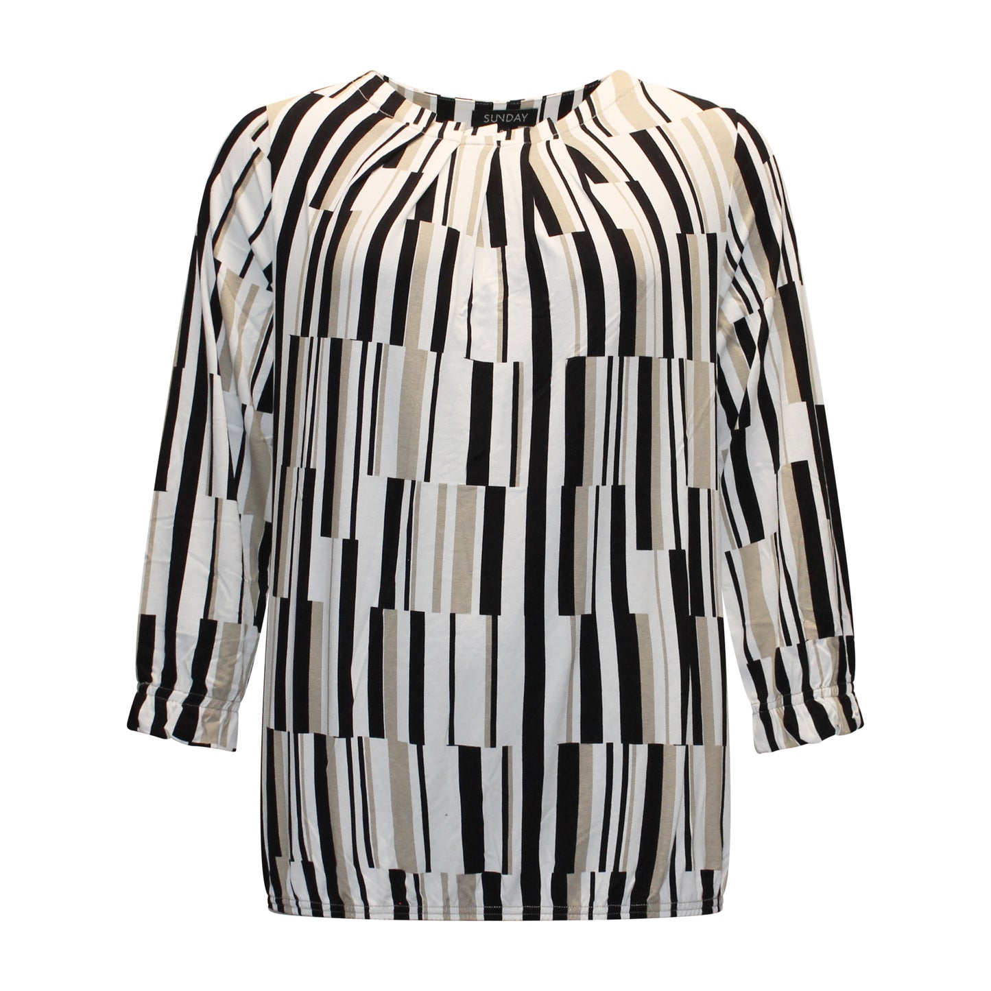 Voorzijde van Sunday T-shirt Judith met korte mouwen, ronde hals en grafische strepenprint in zwart en beige.