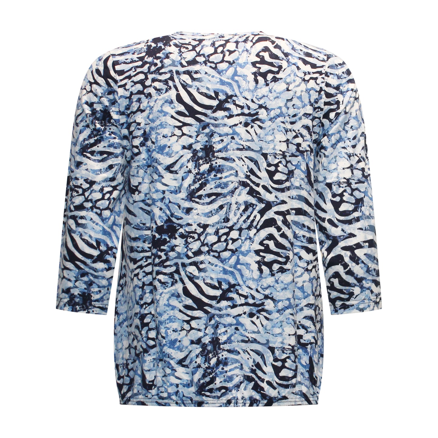 Achterzijde van Sunday T-shirt Moniek met driekwart mouwen en elastische onderband in blauw.