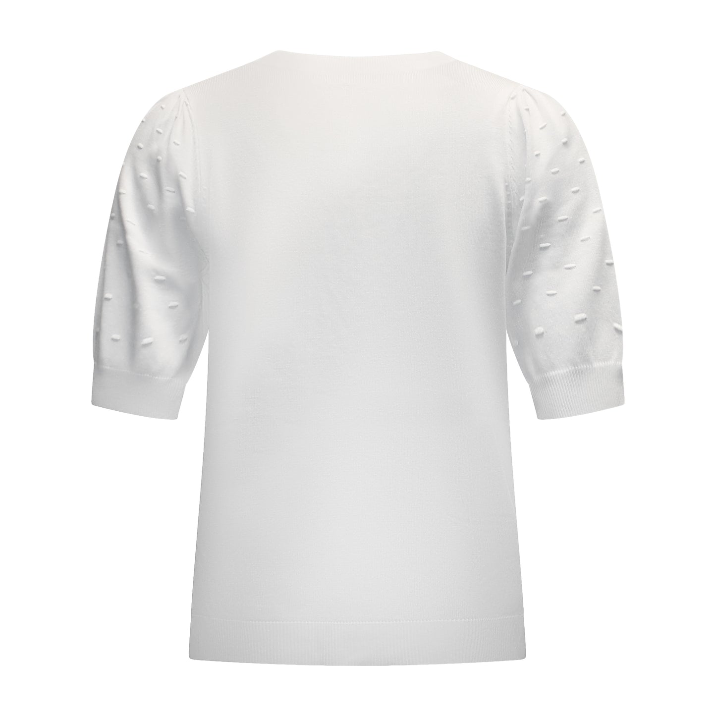 Achterzijde van Sunday Trui Marijke met korte mouwen, reliëfstructuur en splitjes aan de zijkant in wit.