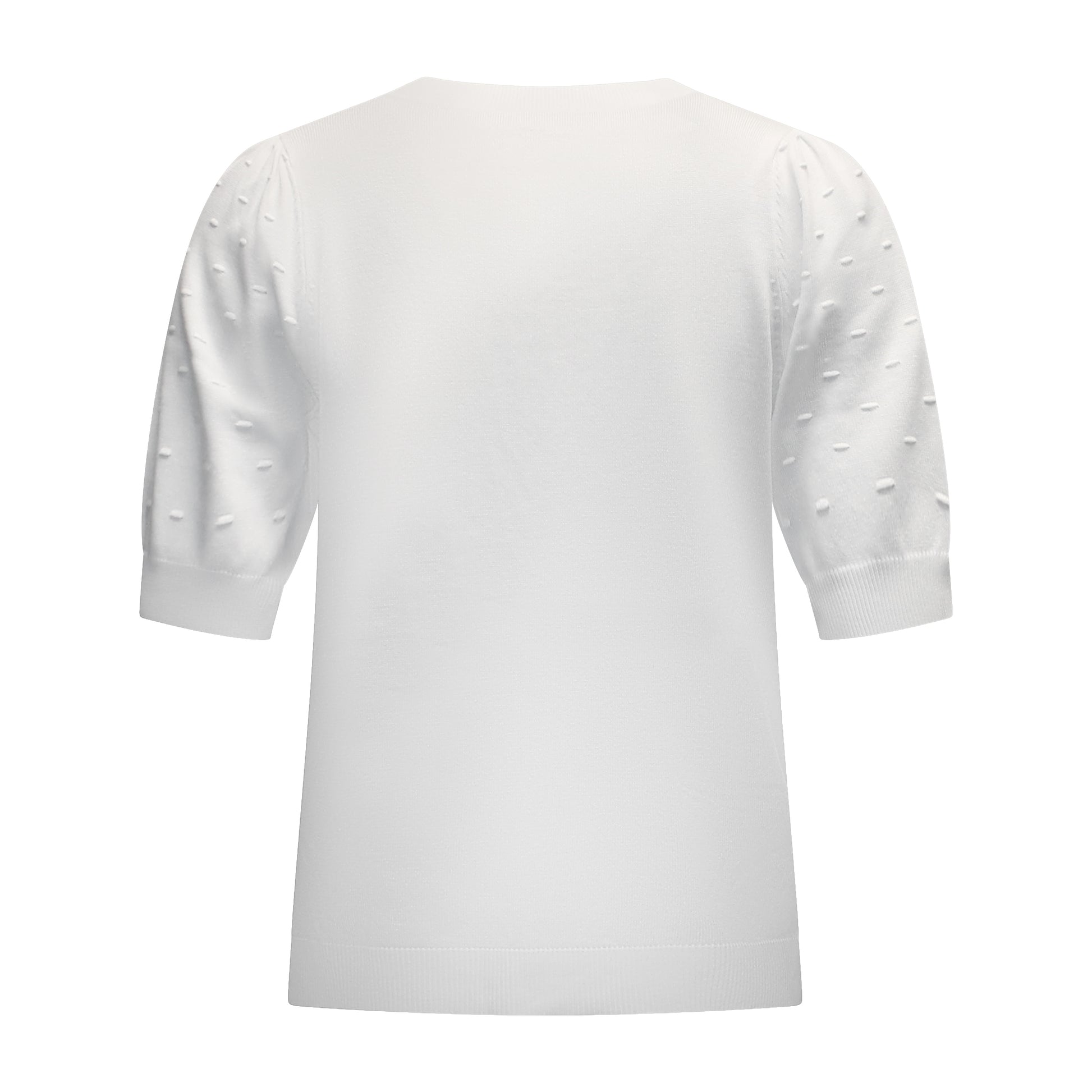 Achterzijde van Sunday Trui Marijke met korte mouwen, reliëfstructuur en splitjes aan de zijkant in wit.