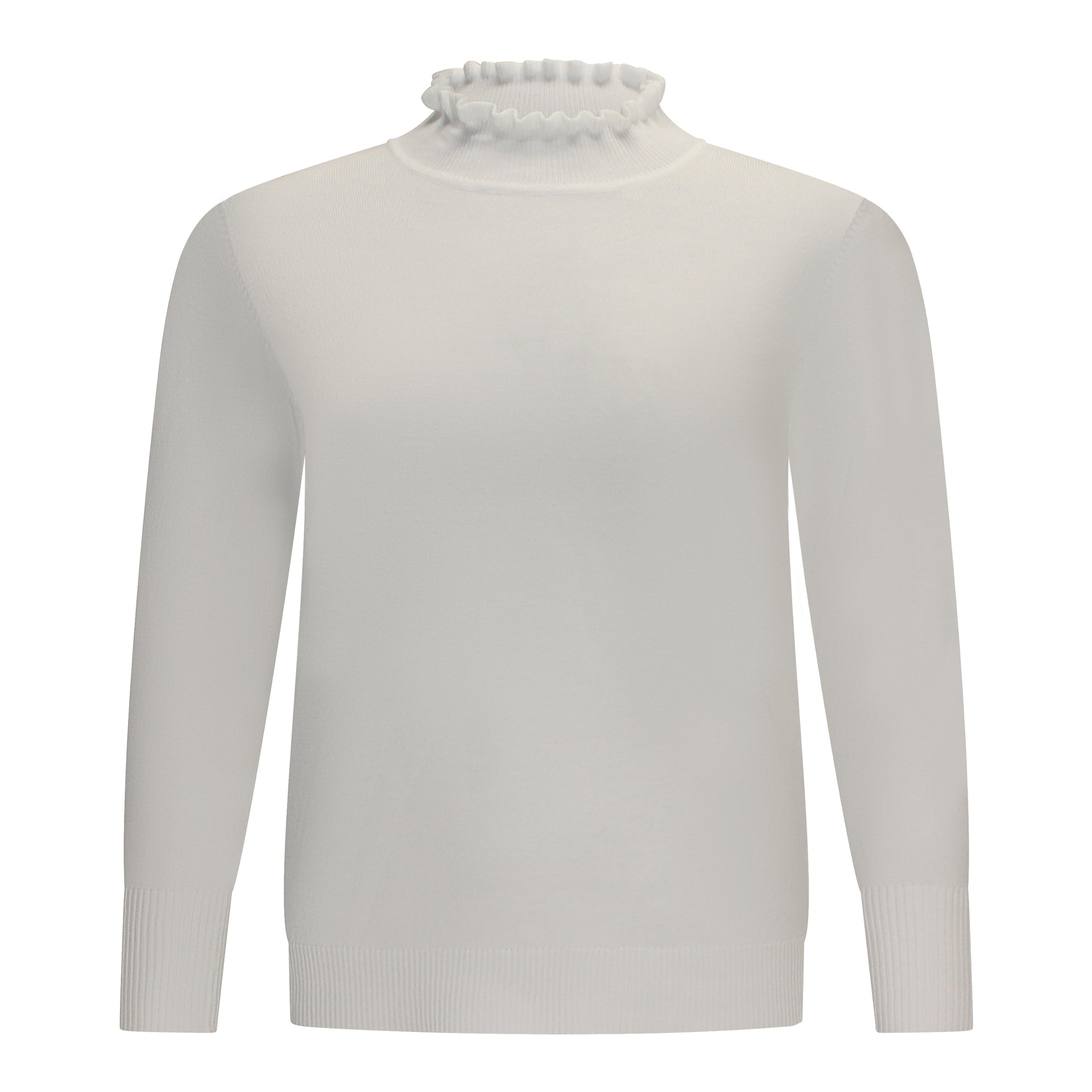 dames coltrui voor senioren met ruchekraag en lange mouwen, voorzijde in wit