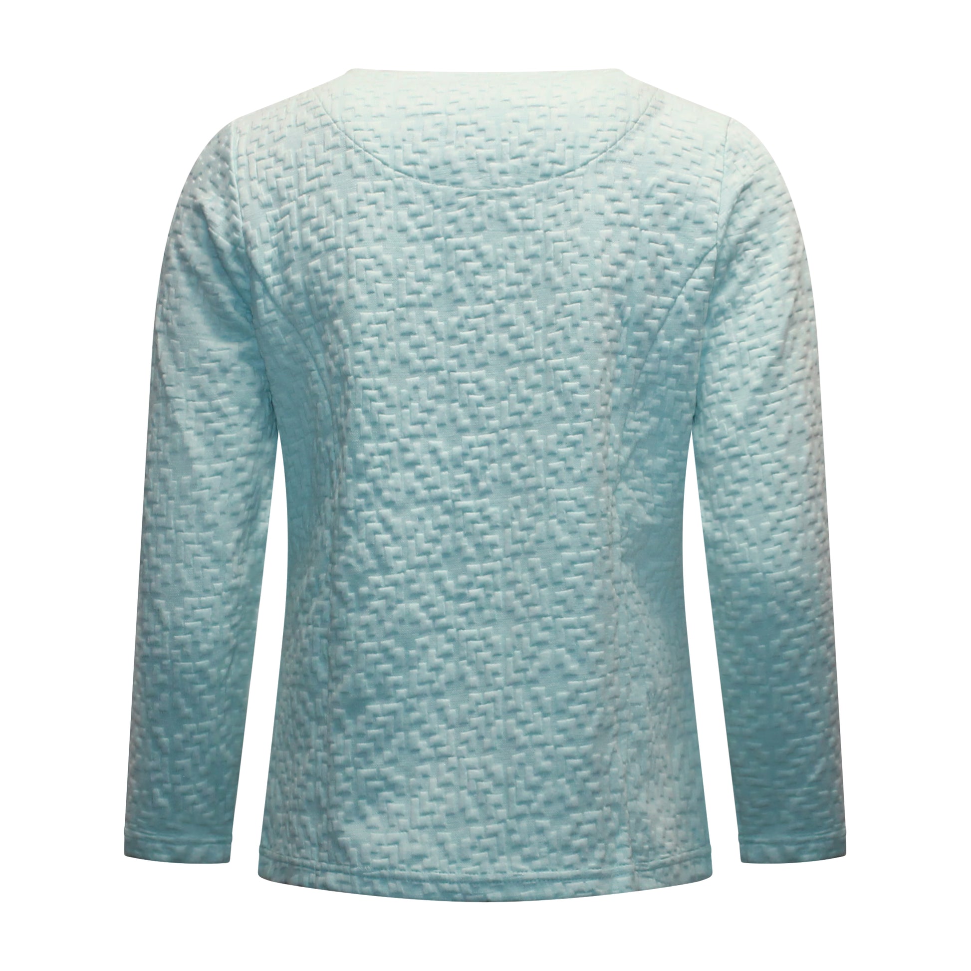 Achterzijde van Sunday Vest Corina met ronde hals, ritssluiting, zakken en verfijnd reliëfstructuurpatroon in mintgroen.