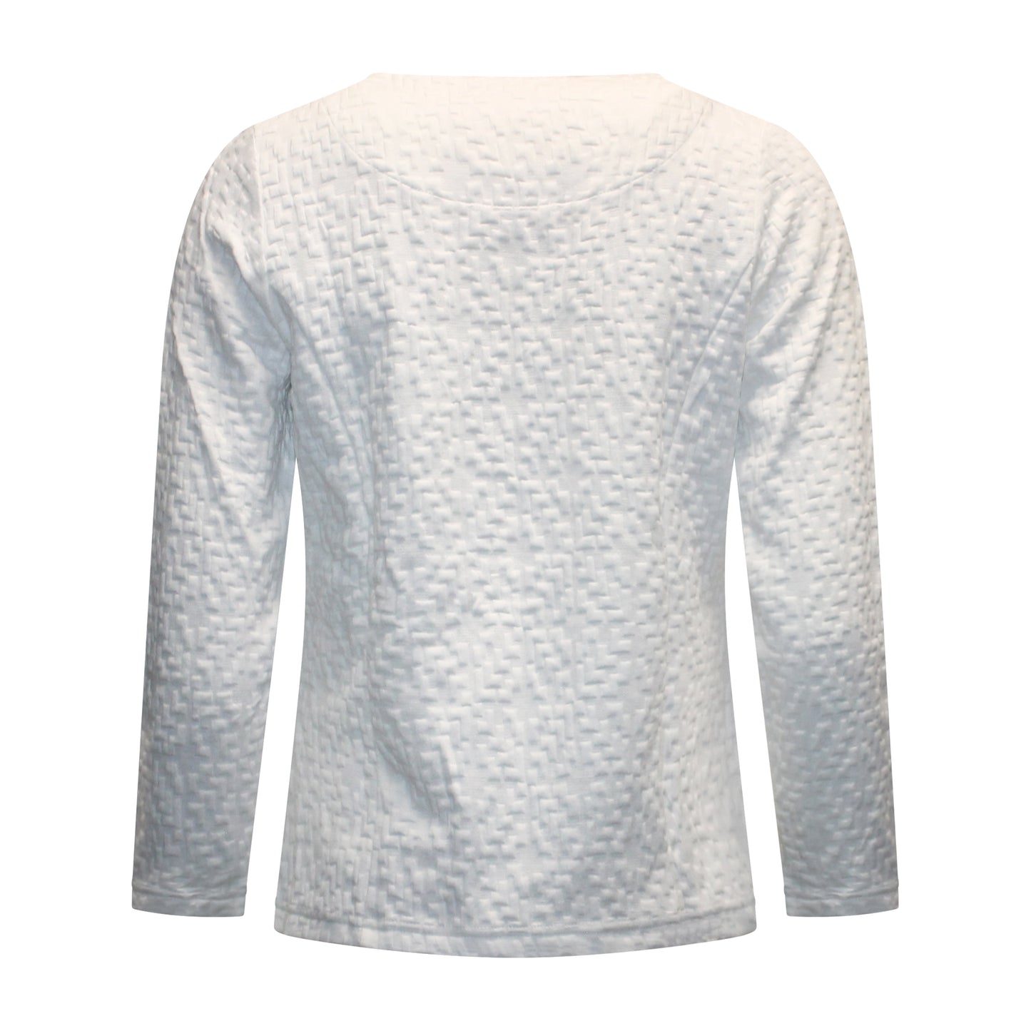 Achterzijde van Sunday Vest Corina met ronde hals, ritssluiting, zakken en verfijnd reliëfstructuurpatroon in wit.