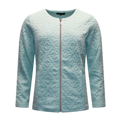 Voorzijde van Sunday Vest Corina met ronde hals, ritssluiting, zakken en verfijnd reliëfstructuurpatroon in mintgroen.