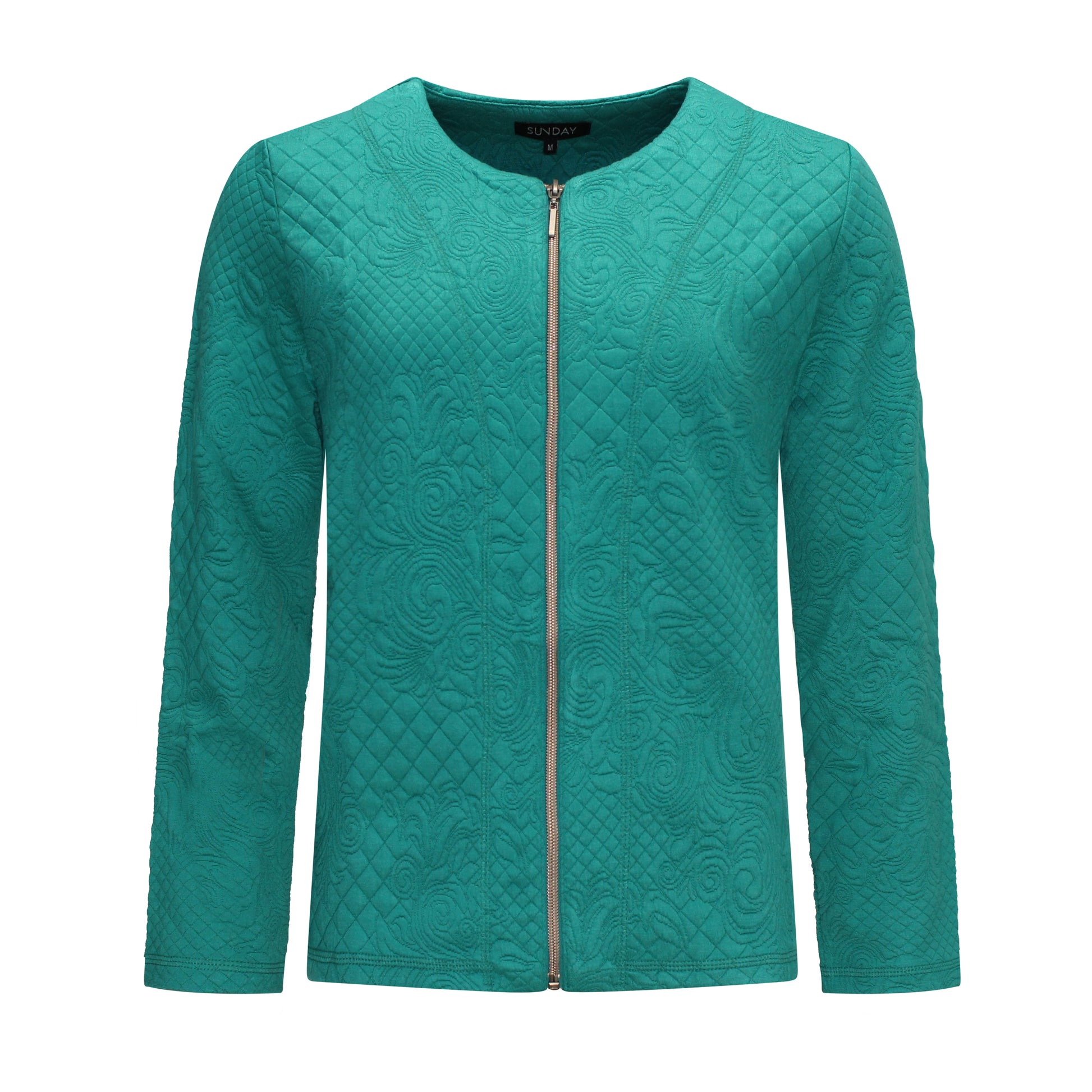 Voorzijde van Sunday Vest Esmee in groen met print, ritssluiting, ronde hals, lange mouwen en praktische zakken.