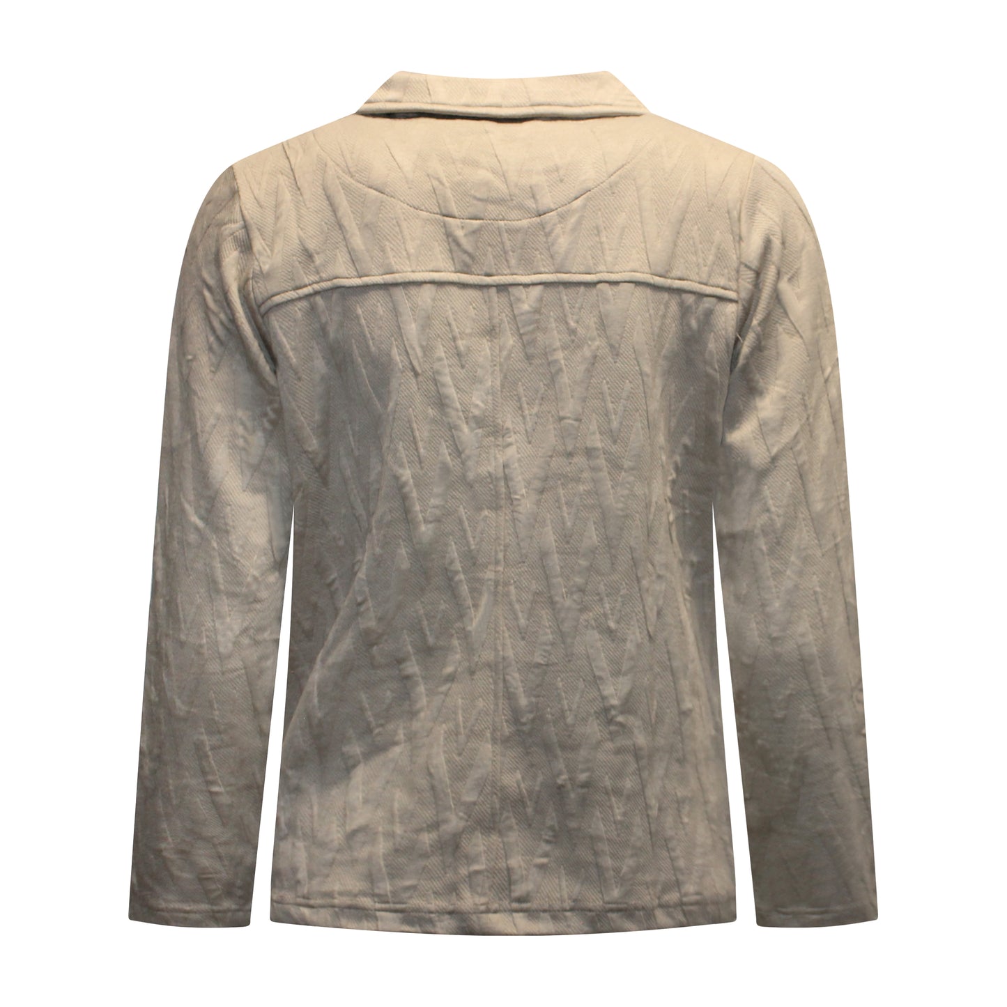 Achterzijde van Sunday Vest Senna met lange stretchmouwen en zachte beige reliëfstof.